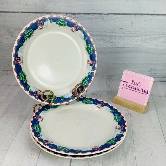 Oneida SLEIGH RIDE  Red Checks Trees Stoneware Christmas Dinner Plates Set of 3 - Picture 1 of 9